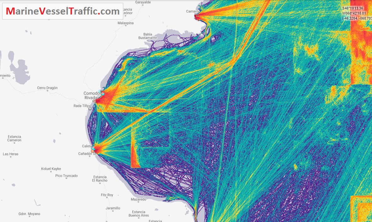 Live Marine Traffic, Density Map and Current Position of ships in SAN JORGE GULF